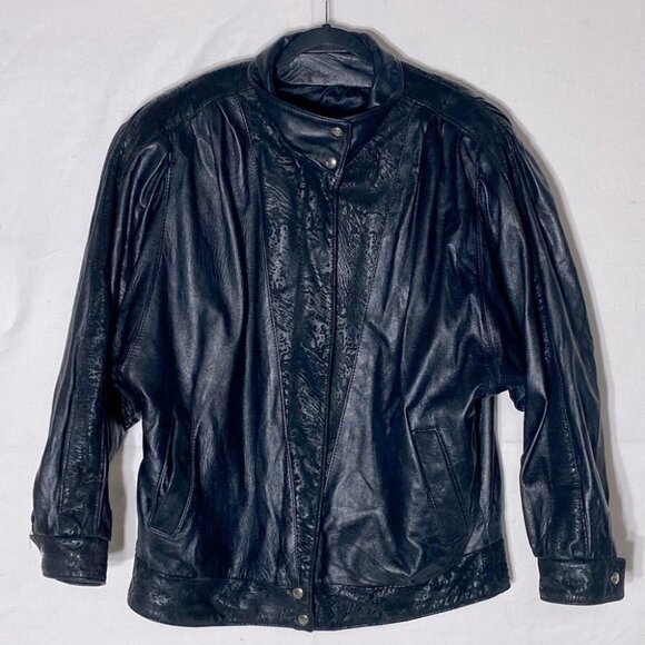 Vintage Le Village Du Cuir Black 80s 90s Oversized Batwing Leather Jacket L - Picture 16 of 16